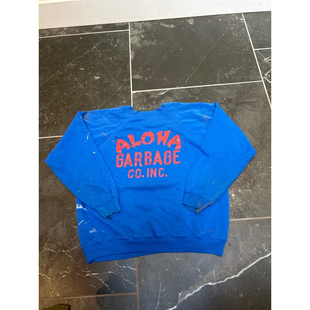 Vintage Hanes Aloha Garbage Co Sweatshirt Blue XL Paint Splatter Distressed USA